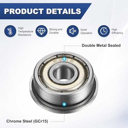 M METERXITY 4-Pack F624ZZ Flanged Ball Bearing, 4 x 13 x 5mm Double Metal Shielded Chrome Steel (GCr15) Flange Rip Bearings for Wheelbarrow/Printer/Fax Machines/Power Tools - size: 4mm x 13mm x 5mm