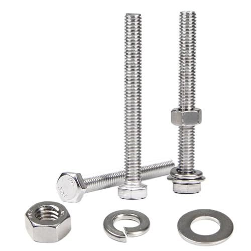 MroMax 10 Sets 5/16-18 x 3" Hex Head Screw Bolt, Nuts, Flat Washer & Spring Lock Washers Kits,Fully Threaded, Stainless Steel 18-8（304）, Bright Finish - size: 5/16-18 x 3" (10 Sets)