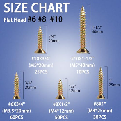 Wood Screws Assortment Kit, 175Pcs, #6#8#10 Self Tapping Screws, Yellow Zinc Plated, Flat Head Phillips Screws Set, Assorted Screws, Screw Assortment, Length 1/2, 3/4, 1, 1-1/2 Inch, Gold - size: #6#8#10 Screws Kit (1/2"-1-1/2")