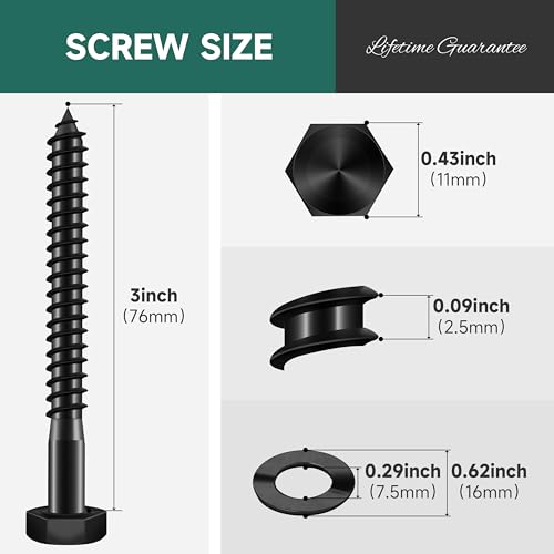(20Sets) 1/4" x 3" Hex Head Lag Bolts, Heavy Duty Lag Screws with Washers, 304 Stainless Steel, 1/4 Bolt for Wood, Partial Thread, Black Oxide - size: 1/4" x 3"