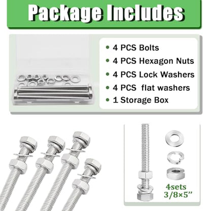 4 Sets 3/8-16 x 5 Stainless Steel Hex Head Screws Bolts, Nuts, Flat & Lock Washers,18-8(304) Full Thread - color: Silver-hex, size: 3/8-16×5"(4 sets)