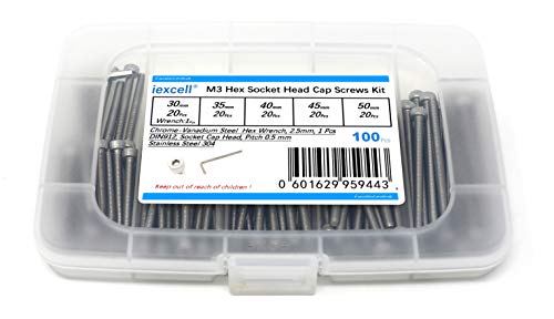 iexcell 100 Pcs M3 x 30/35/40/45/50mm Thread Pitch 0.5 mm Stainless Steel 304 Hex Socket Head Cap Screws Bolts Assortment Kit - size: M3 x 30/35/40/45/50mm