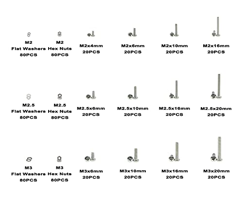 720PCS 304 SS Metric M2-M3 Pan Head Machine Screws Nuts Washers Kit - size: M2, M2.5, M3