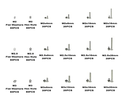 720PCS 304 SS Metric M2-M3 Pan Head Machine Screws Nuts Washers Kit - size: M2, M2.5, M3