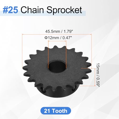uxcell #25 Chain Roller Sprocket 12mm Bore 45.5mm OD, 21 Tooth C45 Carbon Steel ANSI #25 Roller Sprocket Round Hole with Set Screws for ISO 04C Chain, Black - size: 12mm Bore 45.5mm OD, 21 Tooth