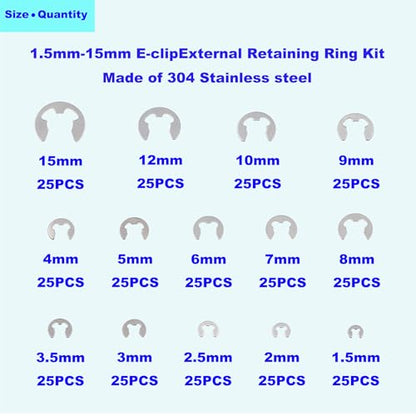 350PCS 14 Sizes Metric M1.5-15mm External E-Clip Retaining Ring Kit