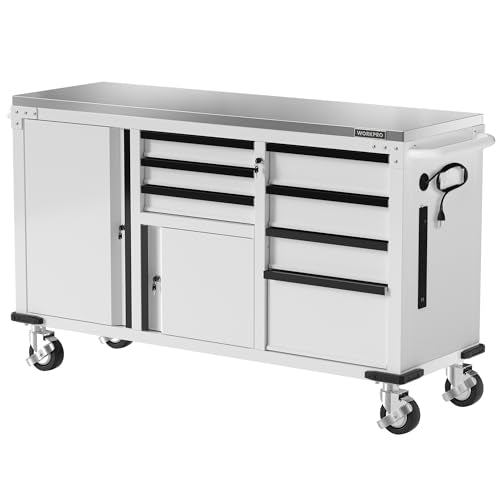 WORKPRO 62" x 20" 7-Drawer & 2-Door Rolling Tool Chest with Stainless Countertop, Locking System, Heavy Duty Tool Storage Cabinet for Garage, Warehouse & Kitchen, 1000 lbs Capacity