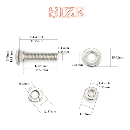 15 Sets 1/4"-20 x1-1/4 Carriage Bolts Round Head Square Neck Screws with Hex Nuts Flat Washers Spring Lock Washers 304 Stainless Steel Full Thread Coverage Square Neck Bolts Assortment Kit - size: 1/4"-20 x1-1/4"-15 Sets