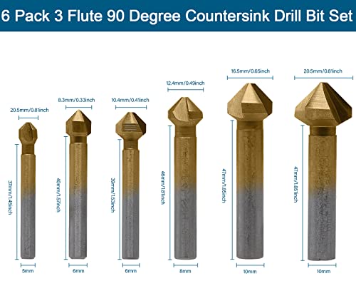 6 Pack 3 Flute 90 Degree Countersink Drill Bit Set, Titanium HSS Chamfering Tool Set Metric End Mill Cutter Bits, Deburring Chamfering Bit for Metal, Wood, Aluminum, Stainless Steel