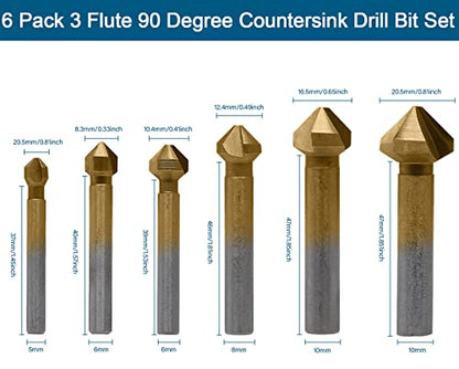 6 Pack 3 Flute 90 Degree Countersink Drill Bit Set, Titanium HSS Chamfering Tool Set Metric End Mill Cutter Bits, Deburring Chamfering Bit for Metal, Wood, Aluminum, Stainless Steel