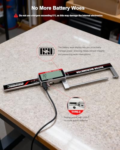 Brake Rotor Gauge, Rechargeable Digital Caliper 3.25-Inch ±0.03mm Accuracy, Stainless Steel Body, Large LCD Display with Hold, mm/inch/F Units, IP54, Measures Discs Without Removing Wheels - size: 3.25"-USB‑C