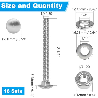 16 Sets 1/4-20 x 2-1/2" Carriage Bolts Screws, 304 Stainless Steel - size: 1/4-20 x 2-1/2"
