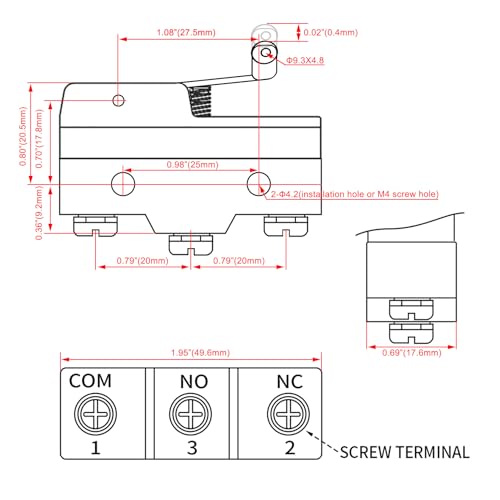 Heschen Micro Switch, Z-15GW22-B, Short Hinge Roller Lever, 3 Screw Terminal, 15A Rated Current