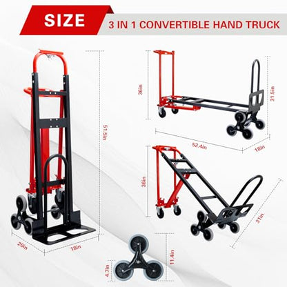 3 in 1 Stair Climbing Dolly Cart with Wheels 1000LBS(Red) - color: Red