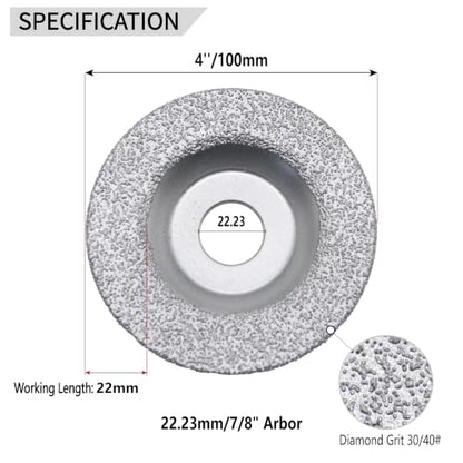 4 Inch Diamond Grinding Cup Wheel, Convex Vacuum Brazed Grinding Disc for Iron Steel Granite Marble Ceramic Tile, 7/8 Inch Arbor, 30/40 Grit