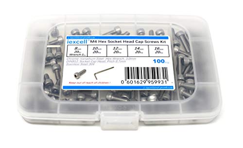 iexcell 100 Pcs M4 x 8/10/12/14/16mm Thread Pitch 0.7 mm Stainless Steel 304 Hex Socket Head Cap Screws Bolts Assortment Kit - size: M4 x 8/10/12/14/16mm