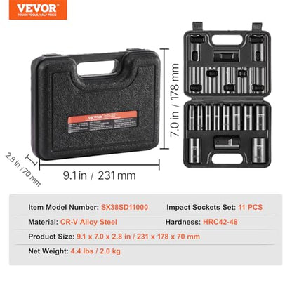 VEVOR 3/8" Drive Impact Socket Set, 11 Piece Deep Socket Set SAE 5/16"-1", 6 Point CR-V Alloy Steel for Auto Repair, Easy-to-Read Size Markings, Rugged Construction, Includes Storage Case - size: 3/8" 11PCS