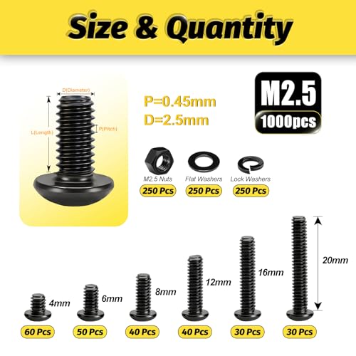 KADRICK 1000PCS M2.5 Screw Kit,Hex Socket Button Head Screw,Length 4MM-20MM - size: M2.5 1000Pcs 4-20mm
