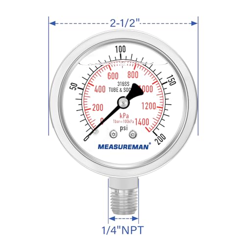 MEASUREMAN Fully Stainless Steel Hydraulic Glycerin Filled Pressure Gauge, 2-1/2" Dial Size,0-200psi/kpa,1/4" NPT Lower Mount - size: 0-200 psi, style: Lower Mount(100% Stainless Steel)