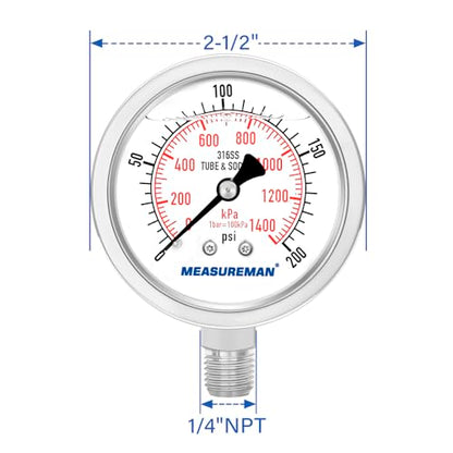 MEASUREMAN Fully Stainless Steel Hydraulic Glycerin Filled Pressure Gauge, 2-1/2" Dial Size,0-200psi/kpa,1/4" NPT Lower Mount - size: 0-200 psi, style: Lower Mount(100% Stainless Steel)