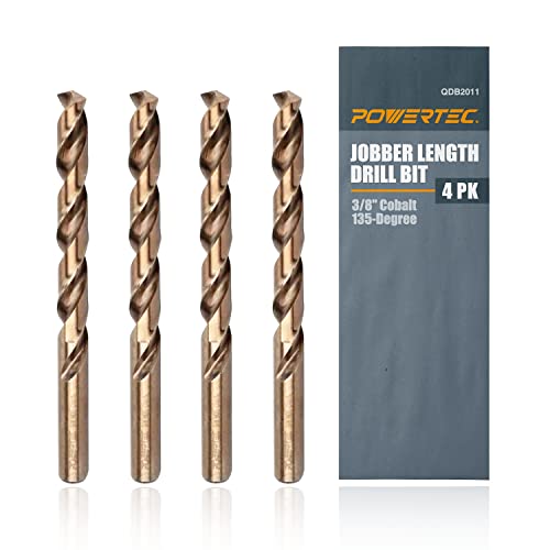 POWERTEC 3/8" Cobalt Drill Bits - 4 Pack - 5" Length - M35 HSS Jobber Length Twist Bits with 135° Tip for Drilling Wood, Metal, Stainless Steel, Nickel Alloy, Cast Iron & Plastic (QDB2011) - style: 4PK 3/8" Cobalt Drill Bit (5" Length)