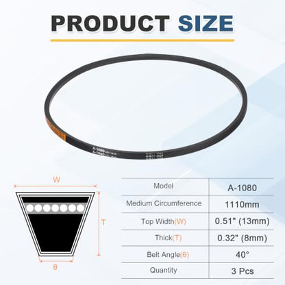 uxcell 3Pcs A-1080 Rubber V-Belt 1080mm Li x 13mm W x 8mm T Classic Wrapped - size: A-1080