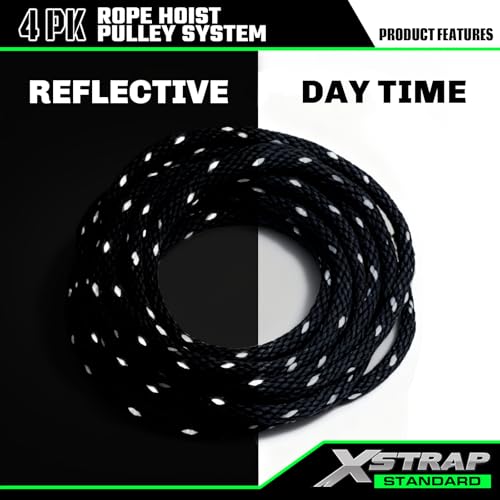 XSTRAP STANDARD Heavy-Duty 50 FT Reflective Rope Hoist Pulley System, Black - color: 50ft Black with Reflective Strips