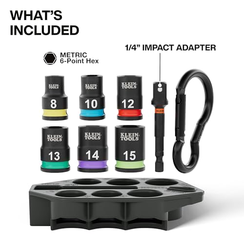 Klein Tools 33808M Grab-And-Go Impact Socket Set, Metric, 7-Piece Set with Sleeve, Carabiner, 3/8-Inch Drive, Color-Coded 8 mm, 10 mm, 12 mm, 13 mm, 14 mm, 15 mm Sockets - style: 7-Piece Metric