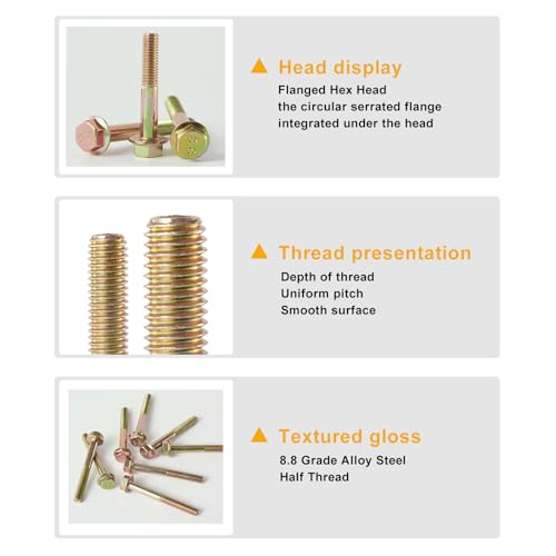 M12 x 100mm 4pcs Flanged Hex Head Bolts, M12 x 1.75 Bolts, Flange Hexagon Head Screws, 8.8 Grade Alloy Steel, Yellow Zinc Plated, Metric Half Thread - size: M12 x 100mm(4PCS)