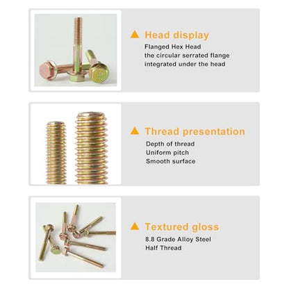 M12 x 100mm 4pcs Flanged Hex Head Bolts, M12 x 1.75 Bolts, Flange Hexagon Head Screws, 8.8 Grade Alloy Steel, Yellow Zinc Plated, Metric Half Thread - size: M12 x 100mm(4PCS)