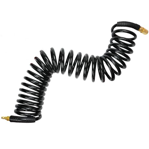 Polyurethane Recoil Air Hose, Air Compressor Hose 3/8" Inner Diameter by 25' Long with Bend Restrictor, 1/4" Industrial Quick Coupler and Plug, Black - size: 3/8IN