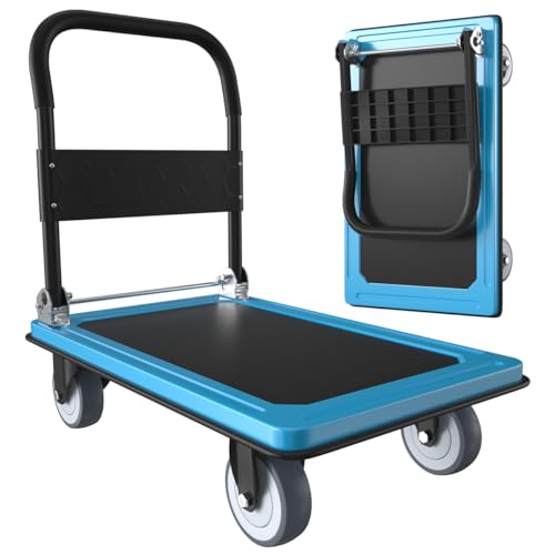 WUD Push Cart, Folding Mobile Platform Trolley,Thickened and Reinforced, 360° Swivel Wheels,36 “L x 24 ”W, 1100 lb. Blue Dolly cart with Wheels - color: Blue, size: Large