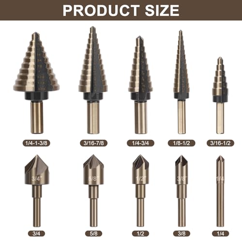 5 Pcs Step Drill Bit & 5 Pcs Countersink Drill Bit Set, Titanium High Speed Steel Step Drill Bit, 50 Sizes of Step Bits for Metal, HSS Step Bit with Aluminum Case for DIY, Multiple Hole Stepped Up Bit - style: 11PCS Step Drill Bits Set