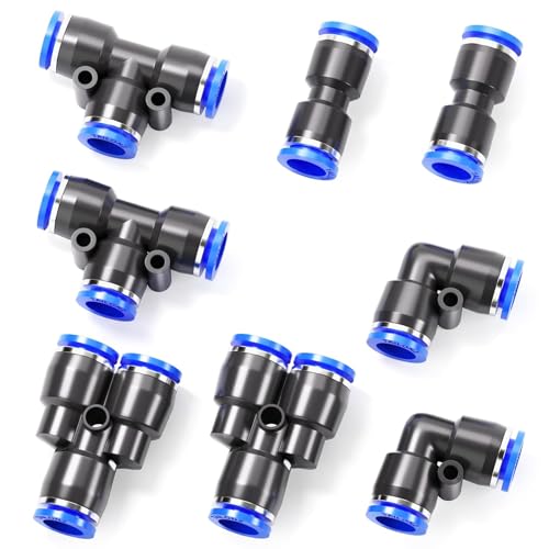TAILONZ PNEUMATIC 6mm od Push to Connect Fittings Pneumatic Fittings Kit 2 Spliters+2 Elbows+2 tee+2 Straight (8 pcs) - color: Blue, size: 6MM OD/8PCS