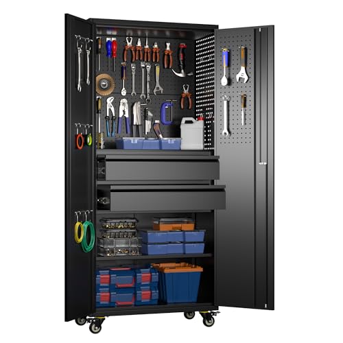 Aobabo Metal Garage Cabinet on Wheels, 2 Inner Drawers & Pegboards, Black - color: Black, size: 15"D x 30.1"W x 71"H