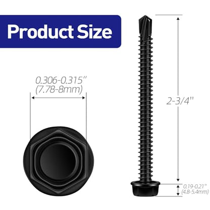 #12 x 2-3/4" Hex Washer Head Self Tapping Screws, TEK Screws, Self Drilling, Stainless Steel 410 Sheet Metal Screws, Black Finish, 25 PCS - color: Black, size: #12 x 2-3/4"
