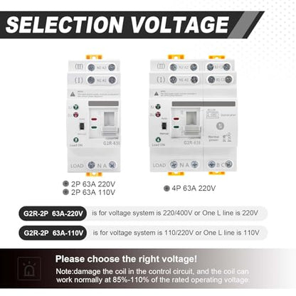 63Amp 110V AC Mini ATS Automatic/Manual Transfer Switch, 2Pole G2R Solar Auto Dual Power Changeover Switch for Home, Din Rail Mounted 50/60Hz CE Certified for Rv, Lv, Cn Public/Backup Power