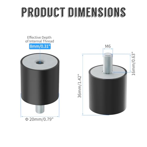 4 Pcs M6 Rubber Shock Mount, Male/Female, 20x20mm - size: M6-20x20