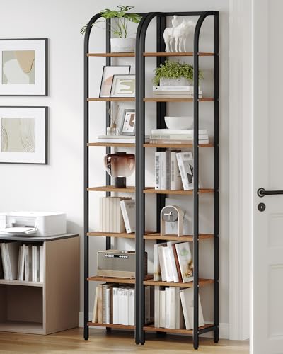 Hzuaneri Bookshelf Narrow Bookcase, Tall Storage Rack with Steel Frame - color: Rustic Brown, size: 11.8 × 11.8 × 82 inch