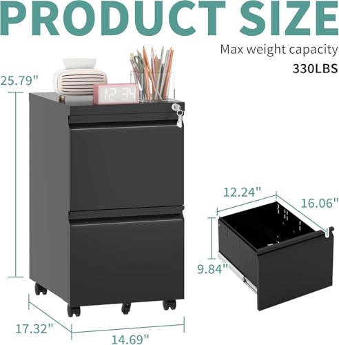 Guizeeopo 2 Drawer Locking File Cabinet, Fully Assembled Heavy-Duty Metal Filing Cabinets for Home Office, Quiet Slides, Anti-Tipping Wheels, Fits A4/Letter/Legal, Matte Black - color: 04-b Black