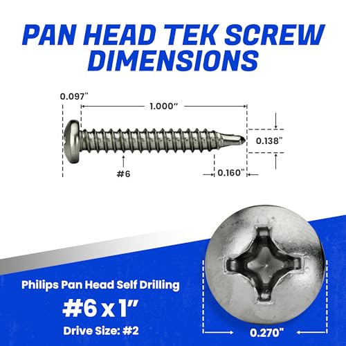 Fastenere Pan Head Self Drilling Tek Screws - #6 x 1 (100 Pack) Stainless Steel 410, Full Thread, Bright Plain Finish, Corrosion-Resistant, Self-Drilling, Easy to Install w/Phillips Drive Size #2 - size: #6 x 1" (100 Pack)