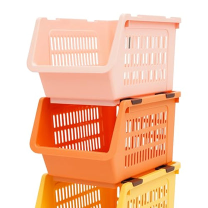 4 Pcs Open Front Stackable Storage Bins, PP Stacking Organizer Baskets with Rolling Wheels, Telescopic Buckles, Nestable, 38.58lbs Load (Ocean Mix) - color: Ocean Mix