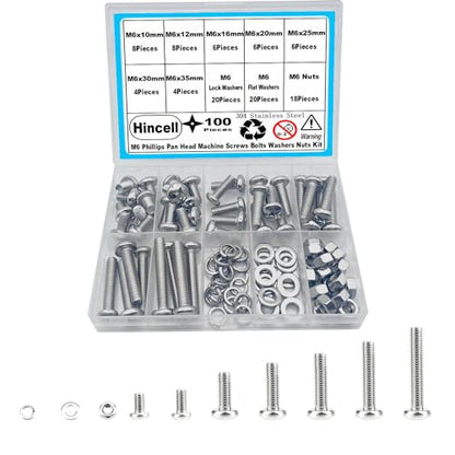 M6 Screws,Hincell 100pcs M6 Phillips Pan Head Machine Screws, Metric Screws Bolts Washers Nuts Kit,304 Stainless Steel(M6 x 10mm /12mm /16mm /20mm /25mm /30mm /35mm), Silver - size: M6, style: Phillips Pan Head