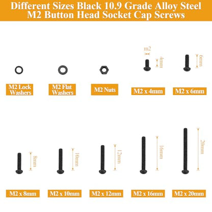705 Pieces M2 Screws Nuts Washers Set Black, Sutemribor M2 x 4/6/8/10/12/16/20mm Button Head Socket Cap Screws Nuts Washers Assortment Kit, 10.9 Grade Alloy Steel, Fully Threaded - size: M2 x 4/6/8/10/12/16/20mm Kit, style: Button Head