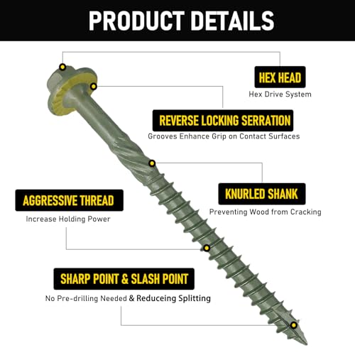 [Pack of 50] #14 x 6 Wood Structural Screws, Green Coated Heavy Duty Hex Head Timber/Log/Landscaping Wood Screws, Rust Resistant, Hex Socket Included - color: Green, size: #14 x 6"