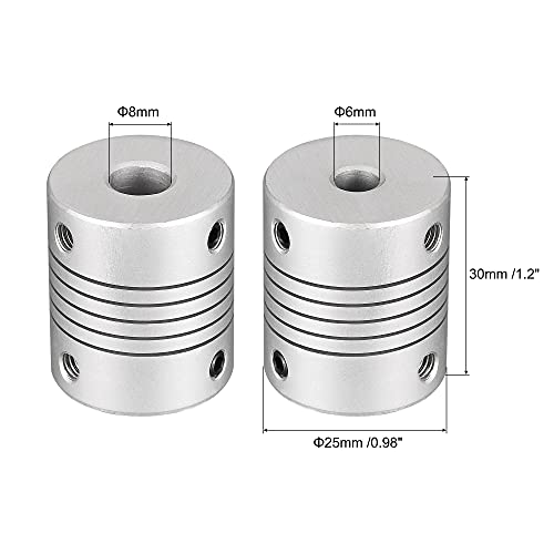 uxcell 8mm to 6mm Aluminum Alloy Shaft Coupling Flexible Coupler Motor Connector Joint L30xD25 Silver 2Pcs - size: 8mm to 6mm