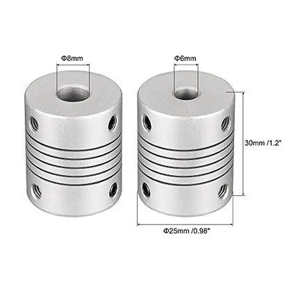 uxcell 8mm to 6mm Aluminum Alloy Shaft Coupling Flexible Coupler Motor Connector Joint L30xD25 Silver 2Pcs - size: 8mm to 6mm