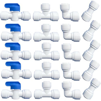 20 pcs Water Push to Connect Quick Connect Fittings 3/8" Tube OD for RO Water Reverse Osmosis System Water Tube Fitting (Ball Valve + Tee fitting + Union Connector+Elbow Connector) - style: 3/8 inch fitting kit(20)