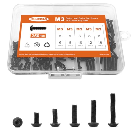 M3 x 6mm 8mm 10mm 12mm 16mm Button Head Socket Cap Screws Bolts, 10.9 Grade Alloy Steel, Black Oxide Finish, Metric Allen Hex Drive, Machine Fully Threaded, Assortment Kit 250PCS - size: M3 x 6/8/10/12/16mm (250PCS)