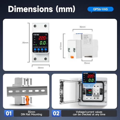 GEYA Adjustable Over & Under Voltage Protection Device Digital Display Voltage Current KWH Protector 220V Din Rail(GPS6-VA5,40A) - color: Gps6-VA5-Voltage Current, size: 2p-40a-220v